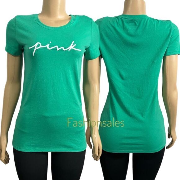 Victoria’s Secret Pink Everyday Crew Neck T-shirt Script Logo Green Xsmall - Picture 1 of 3